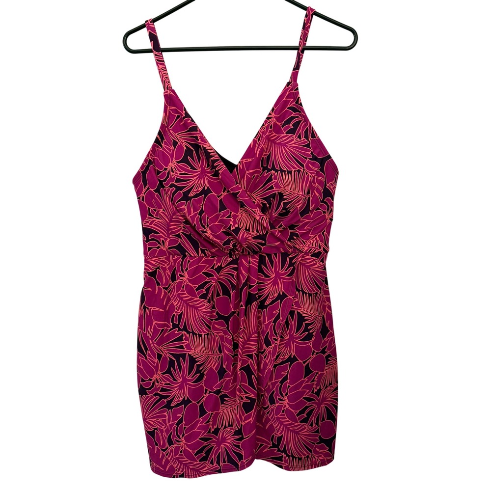 Lands‎ End Swim Dress Womens XL Pink Tropical Palm Print Surplice V-Neck